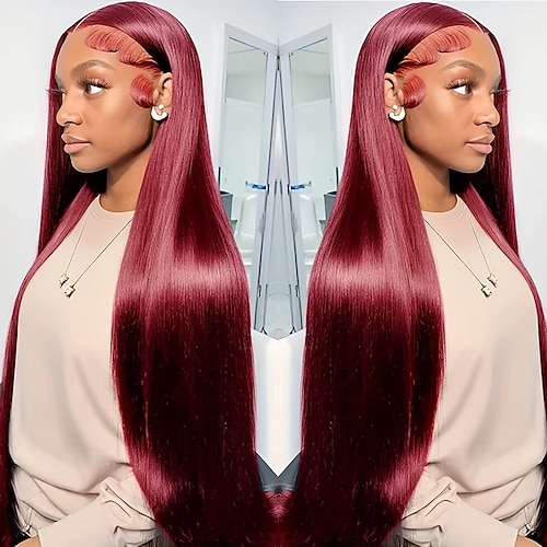 32 Zoll rötlich braune, glatte 13x4 Echthaar-Spitzenfrontperücke, gefärbte brasilianische transparente Spitzenfrontperücke für Frauen Image