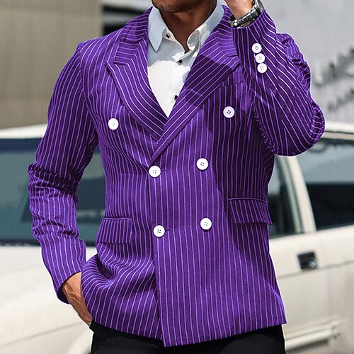 Herren Blazer Geschäft Cocktailparty Hochzeitsfeier Mode Lässig Frühling Herbst Polyester Streifen Tasche Knöpfe Bequem Doppelreihig Blazer Blau Purpur Orange Image