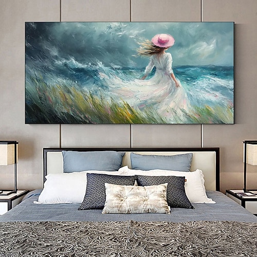 Handgemaltes modernes abstraktes Leinwandbild Dame in Weiß am Meer Kunst schöne Frau Porträt Gemälde Wohnkultur für Wohnzimmer kein Rahmen Image