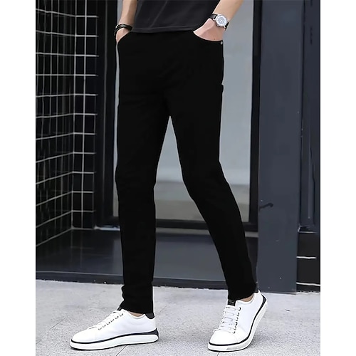 Herren Anzughosen Eng Hose Hosen Chinesisch Chino Knopf Tasche Feste Farbe Komfort Formal Party Arbeit Modisch Klassicher Stil Schwarz Weiß Mikro-elastisch Image