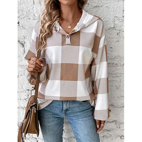 Damen Sweatshirt Casual Plaid Street Dailywear Kapuzenpullover Knöpfe Print Langarm Schwarz Khaki Herbst Winter