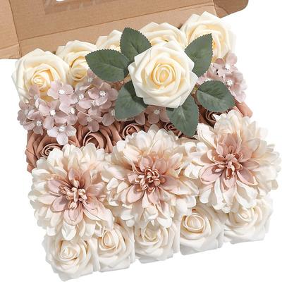 25pcs/set Artificial Flowers Wedding Decoration Rose Bouquets Valentine's Day Gift Real Looking Ivory Foam Fake Roses with Stems for DIY Wedding Bouquets White Bridal