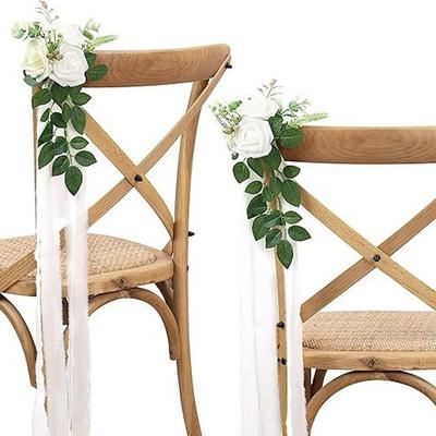 Wedding Aisle Decorations for Ceremony, Church Chair Back Flowers with Artificial Roses, Eucalyptus, and White Ribbons, Party Decor for Outdoor Wedding and Events