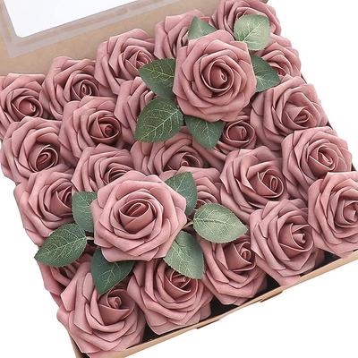 25pcs/set Artificial Flowers Wedding Decoration Rose Bouquets Valentine's Day Gift Real Looking Ivory Foam Fake Roses with Stems for DIY Wedding Bouquets White Bridal