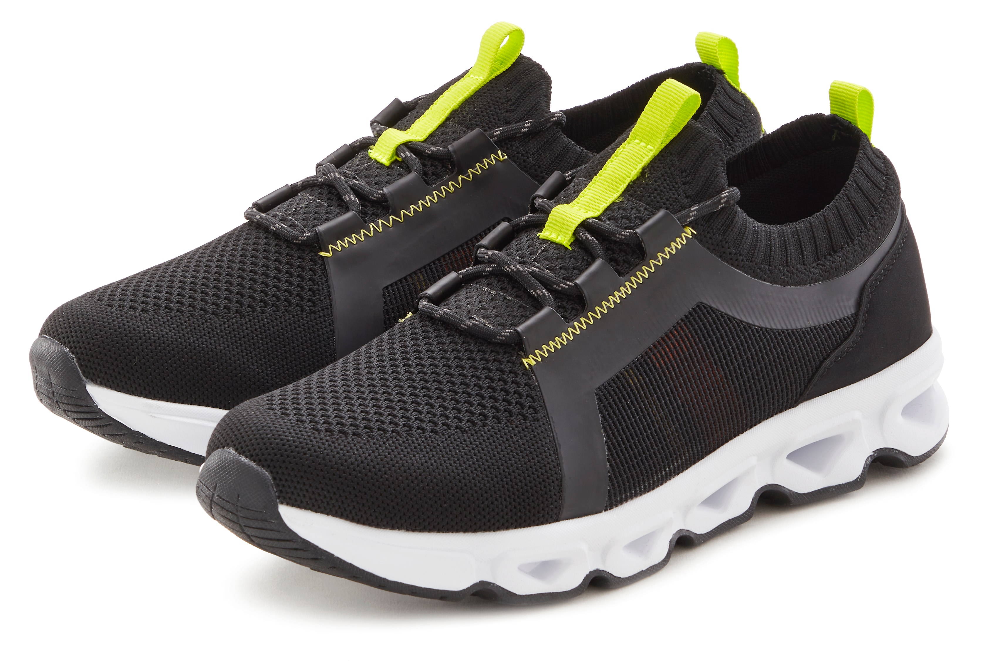 Sneaker JOHN DEVIN "Schnürschuh", Damen, Gr. 42, schwarz (schwarz, neon), Obermaterial: 60% Textilmaterial, 40% Lederimitat. Decksohle: 100% Textilmaterial. Futter: 100% Textilmaterial. Laufsohle: 100% Synthetik, unifarben mit Farbeinsätzen, Schuhe...