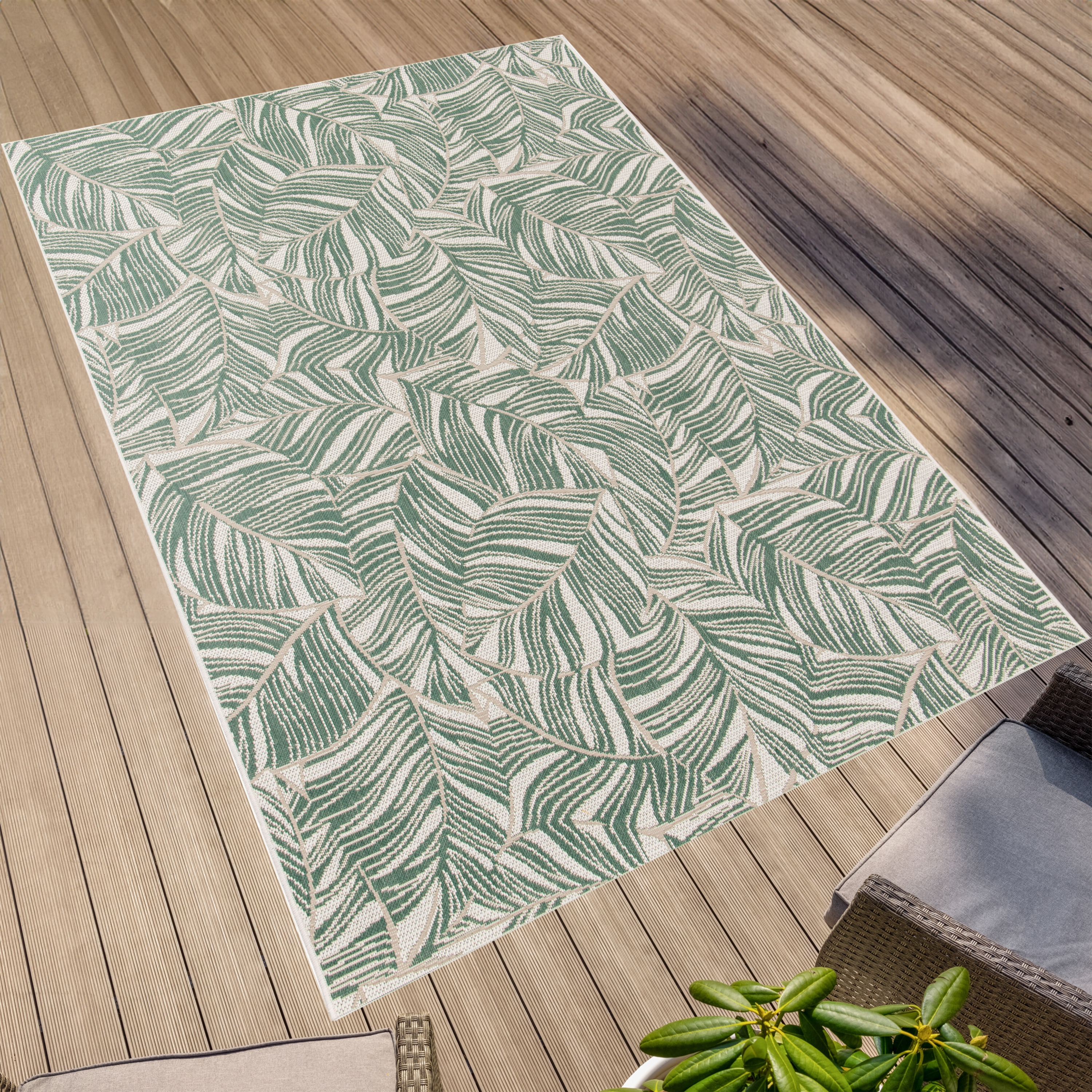 Teppich "Outdoorteppich PARADISE - Leaves", grün (grün,hellbraun,beige), B:120cm H:4mm L:170cm, Polypropylen, PRIMAFLOR-IDEEN IN TEXTIL, Teppiche, Flachgewebe, Palmblätter, In- und Outdoor geeignet, wasserfest Image