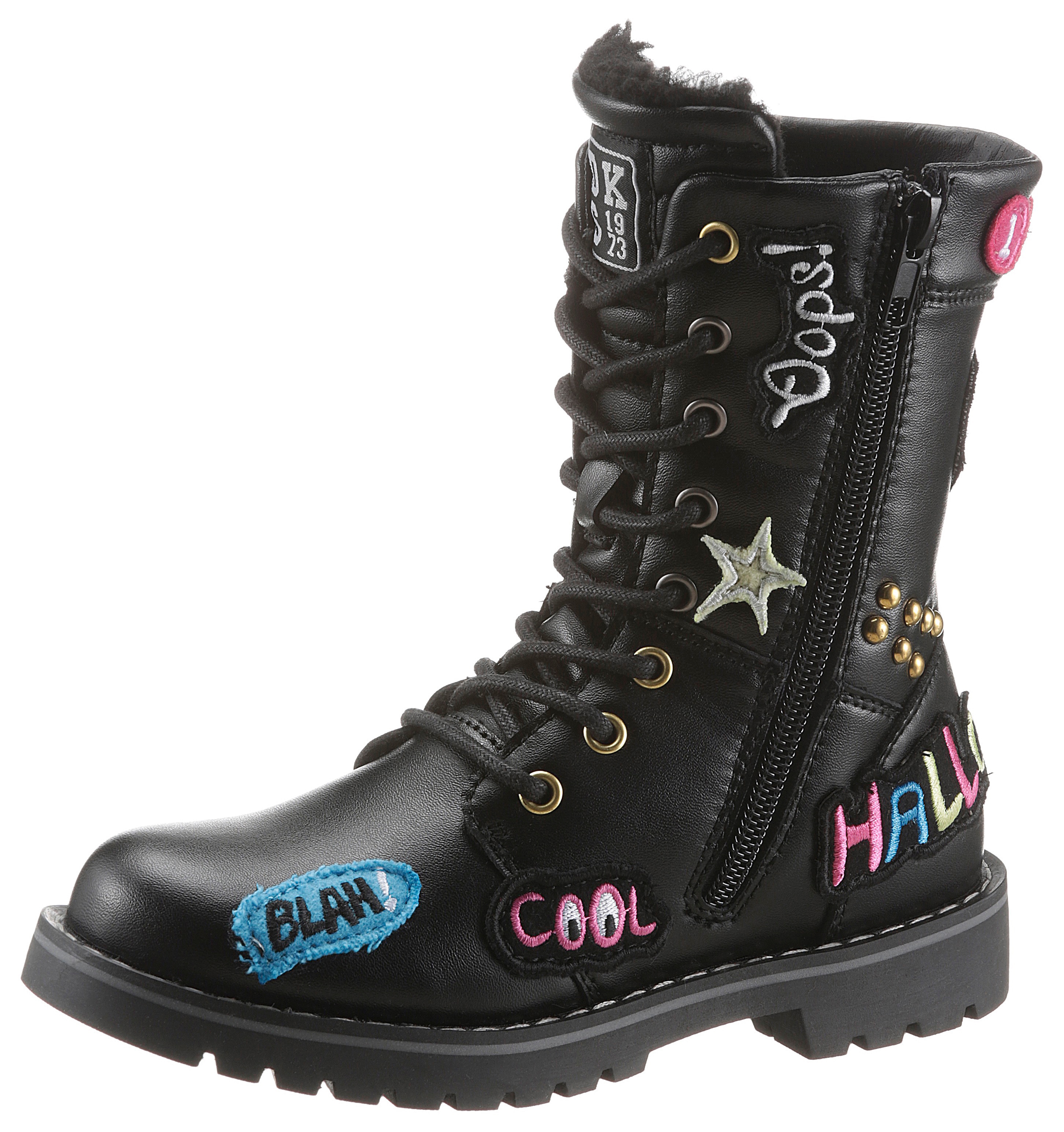 Schnürstiefel DOCKERS BY GERLI, Kinder, Gr. 37, schwarz, Lederimitat, Schuhe, Boots mit bunten Patches Image