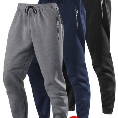 TEMU 3pcs Men's Athletic Joggers With Zippered Pockets & Drawstring Waist, Polyester-spandex , Regular Fit, , Navy , Gym & Casual Wear, Casual Wear Pants | Regular Fit Pants | Adjustable Waistband Image