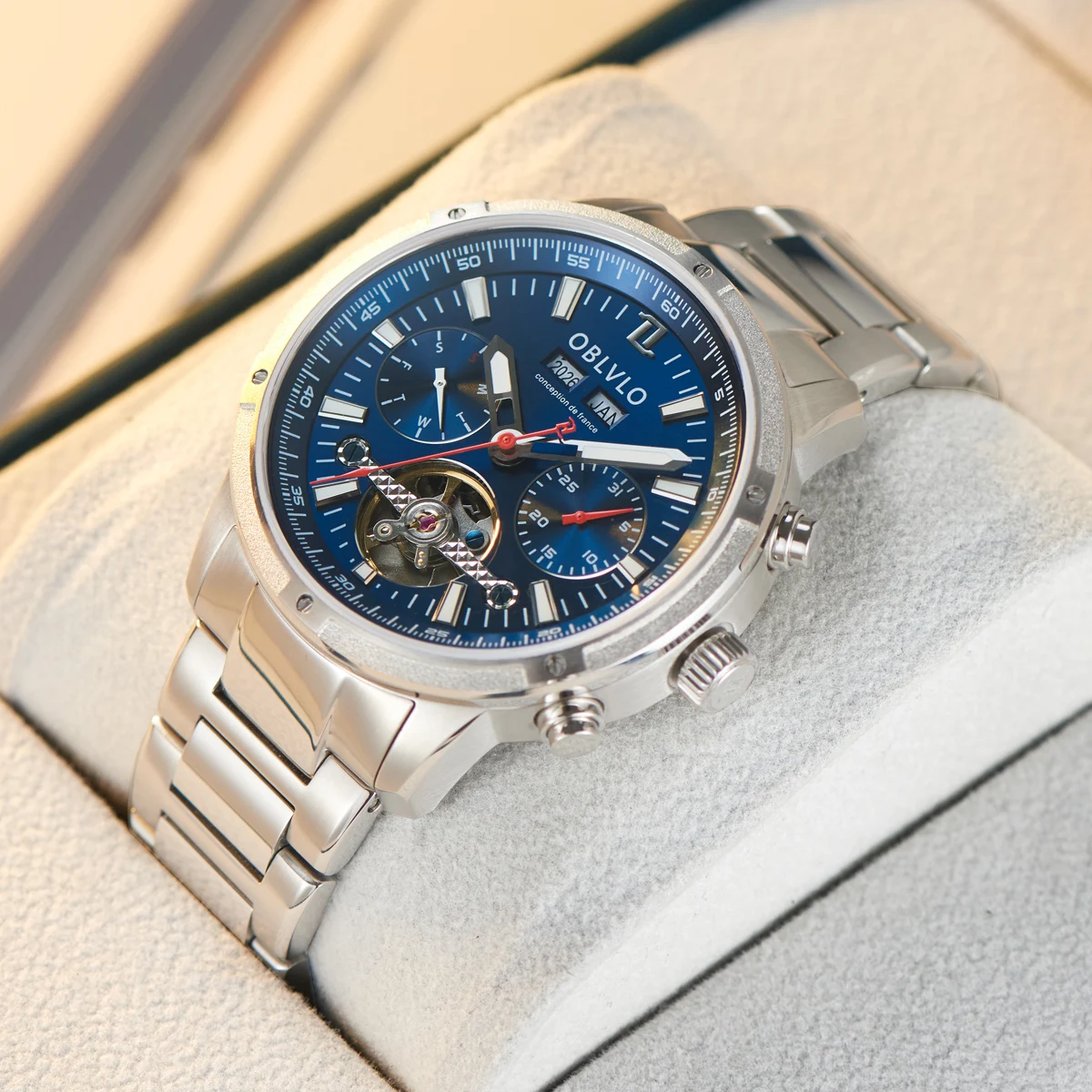 OBLVLO Männer Automatische Uhr Mechanische Tourbillon Leuchtende Edelstahl Strap Saphir Wasserdicht Kalender Woche Auto Datum CM-T Image