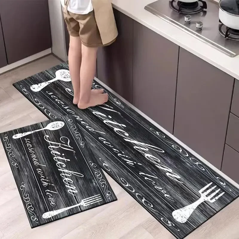 VIKAMA Waschbare Bodenmatte aus Kristallsamt, bequem, weich, Stehmatte, Küchenthema, Bodenmatte, rutschfest, wasserdicht Image