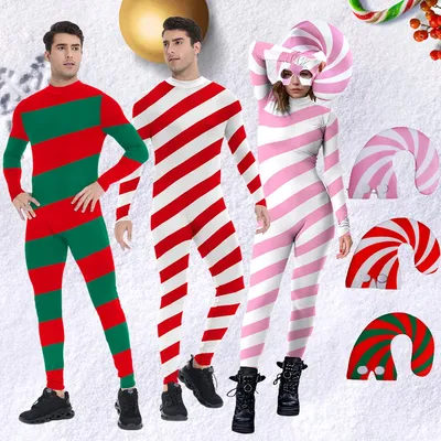Grüner Zuckerstangen-Body, rot gestreift, Cosplay-Kostüm, Weihnachtsoutfit, Spandex, Festival-Body, Weihnachtsparty, Hut, Paar-Anzug Image