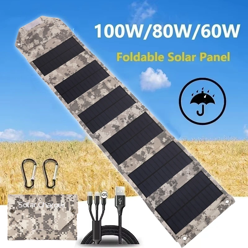 100 W/80 W/60 W faltbares Solarpanel 5 V USB tragbares Ladegerät für Handy im Freien wasserdichte Powerbank für Camping Image