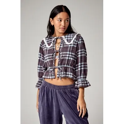 UO Flannel Collared Blouse - Navy XS at Urban Outfitters