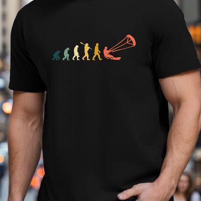 TEMU Evolution Kitesurfing Print Men's Short Sleeve T-shirt Summer T-shirt Top, Kitesurfing, T-shirt Top Image