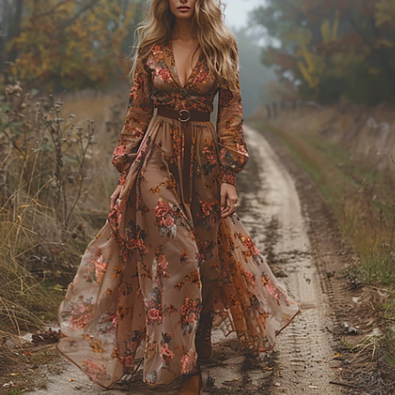 Abito da sera elegante con risvolto a maniche lunghe Abito bohémien a vita alta da donna nuovo autunno Abito maxi pieghettato stampato floreale vintage