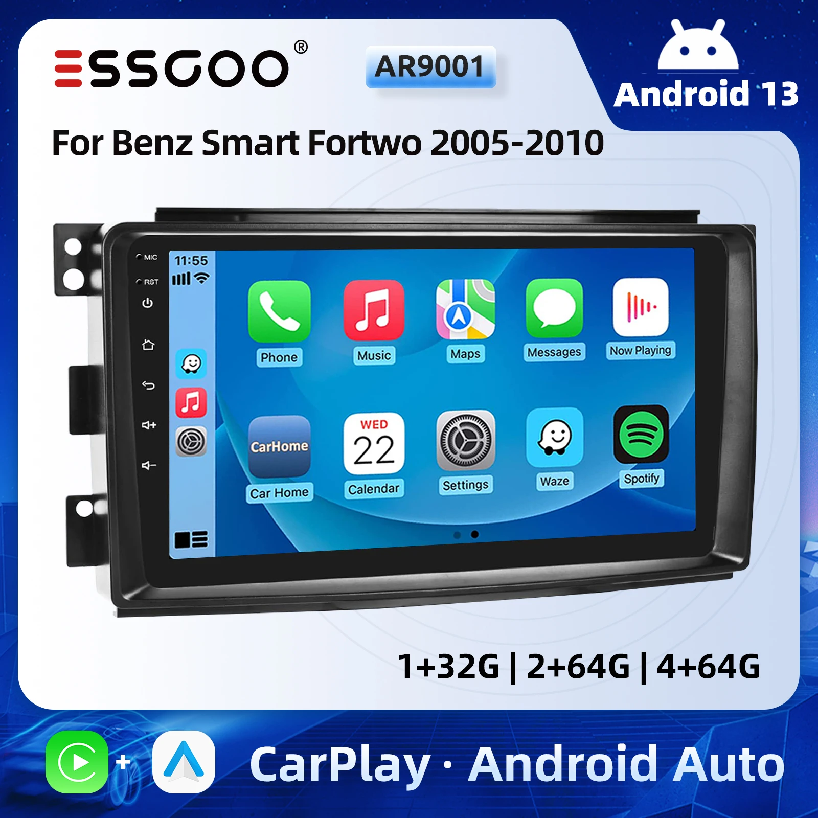 ESSGOO 9" Android 13 Autoradio Carplay/Android Auto Touchscreen GPS Navi Bluetooth RDS für Mercedes Benz Smart Fortwo 451 2005-2010 Image