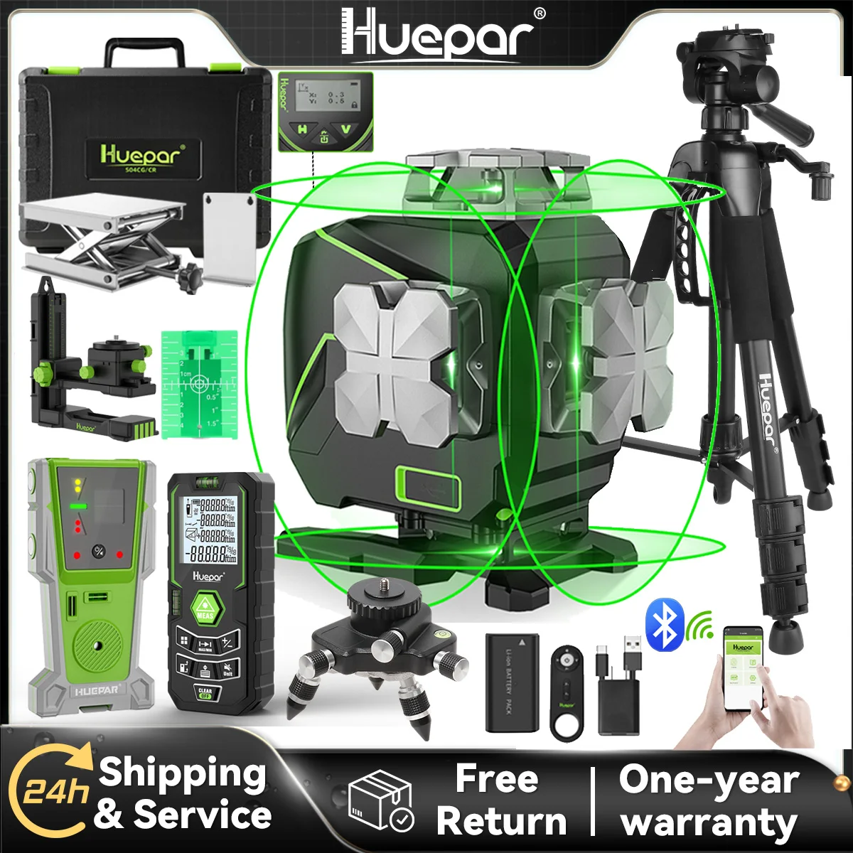 Huepar S04CG-C Set 4D 16 Linien Kreuzlinienlaser Level LCD/Bluetooth/Fernbedienung Laserwerkzeuge mit Detektor Stativ Entfernungsmesser Adapter Image
