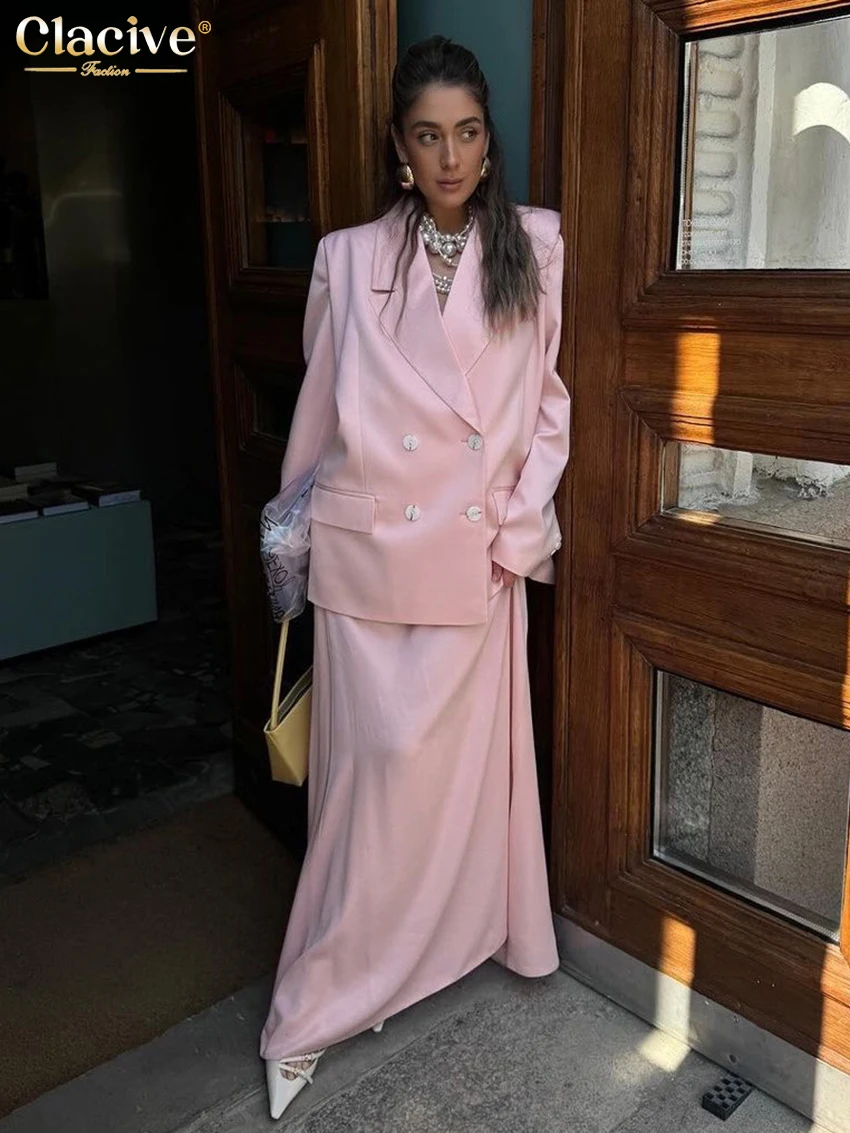 Clacive Mode Lose Rosa Satin frauen Zwei Stücke Set 2025, Elegante Langarm Blazer Mit Hoher Taille Maxi Rock Set weibliche