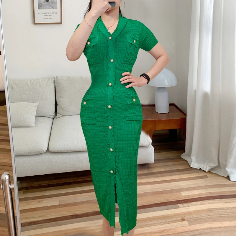 YuooMuoo Chic Mode Elegante Wrap Hüften Gestrickte Kleid Frauen Marke Mode Perlen einreiher Bodycon Büro Dame Vestidos