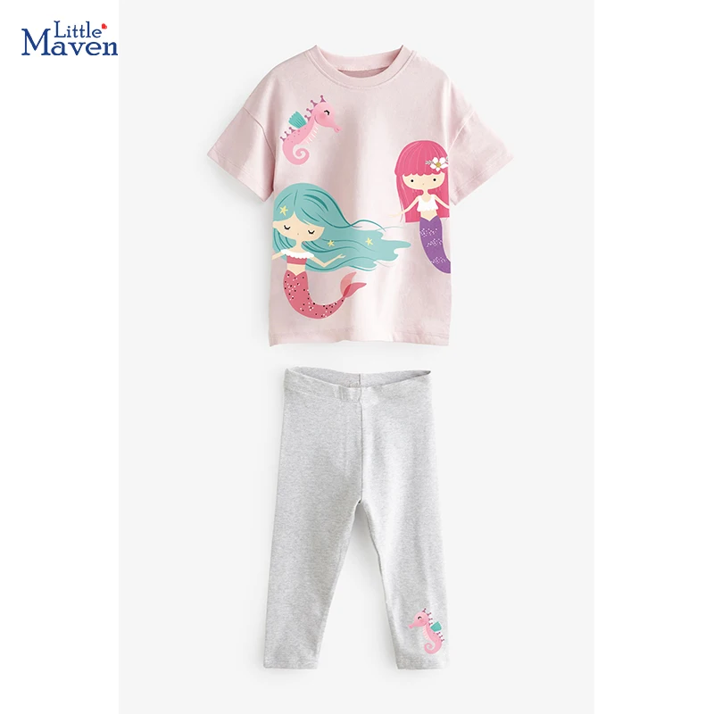 Little maven 2023 Neue Trainingsanzug Sommer Baumwolle Baby Mädchen kinder Kleidung Sets Cartoon Meerjungfrau Tops + Hosen Kinder Kleidung Image