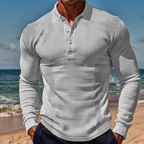 Herren Poloshirts zum Suchbegriff: Waffel Golfhemd Arbeit Casual Kargen Langarm Basic Modern Feste Farbe Knopf Frühling Herbst Regular Fit Wein Schwarz Weiß Gelb Hellgrau Hellblau Poloshirts zum Image