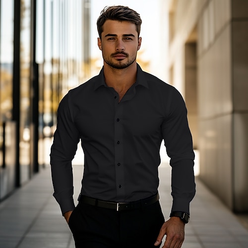 Herren Alltag Hemd Freizeit Hemd Heimkehr Standard Passform Langarm Revers Sommer Unifarbe Polyester Schwarz Weiß Grau 2025 Image