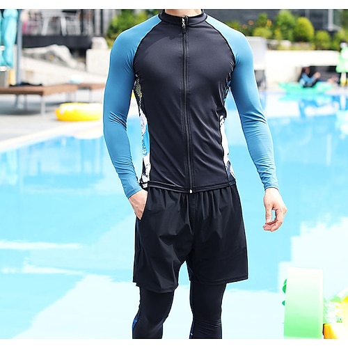 Herren Rash Guard Badeanzug Blumenmuster 3 Teile Frontreißverschluss UV-Sonnenschutz UPF50 Schnelltrocknend Langarm Tauchanzüge Badeanzug Surfen Tauchen Wassersport Sommer Image