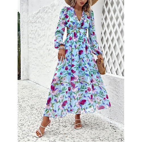 Damen Blumen V-Ausschnitt Maxikleid Langarm Sommer Frühling Image