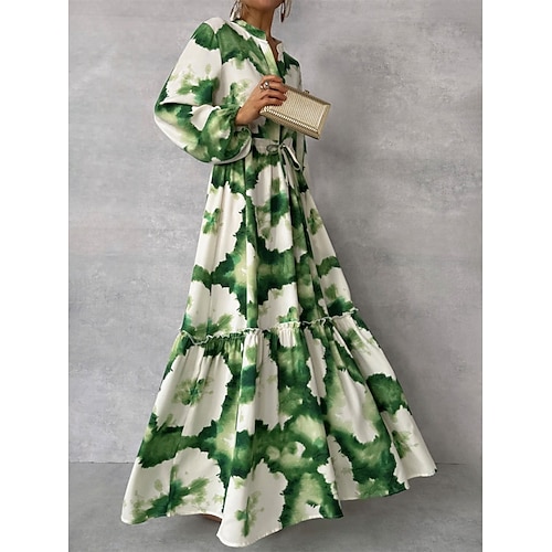 Damen Blumen Maxikleid mit Schlitz am Hals Langarm Sommer Frühling Image