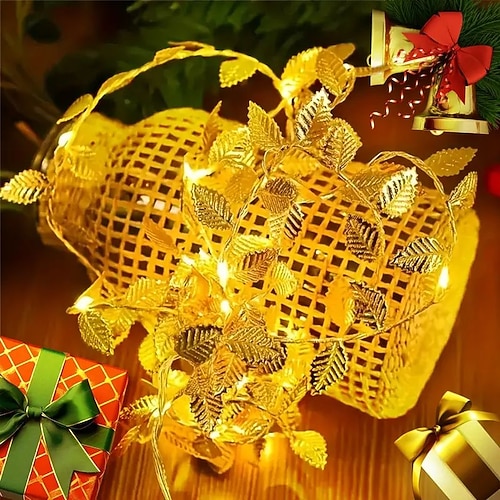 Elegante Hochzeits Empfangs Feier Goldblatt Girlandenlichterkette 2m 20LED 5m 50LED Batteriebetriebene Feenlichter für Zuhause Valentinstag Geburtstag Hochzeit Feiertagsfeier Dekoration Image