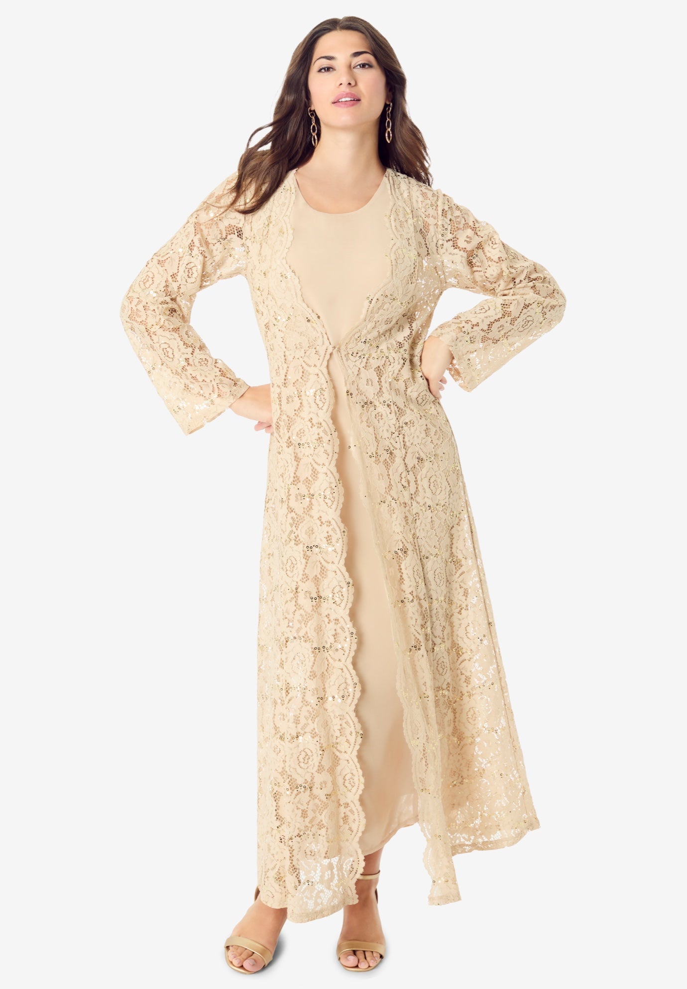 Plus Size Women's Lace Jacket Maxi Dress Set by Roaman's in Sparkling Champagne (Size 30 W)