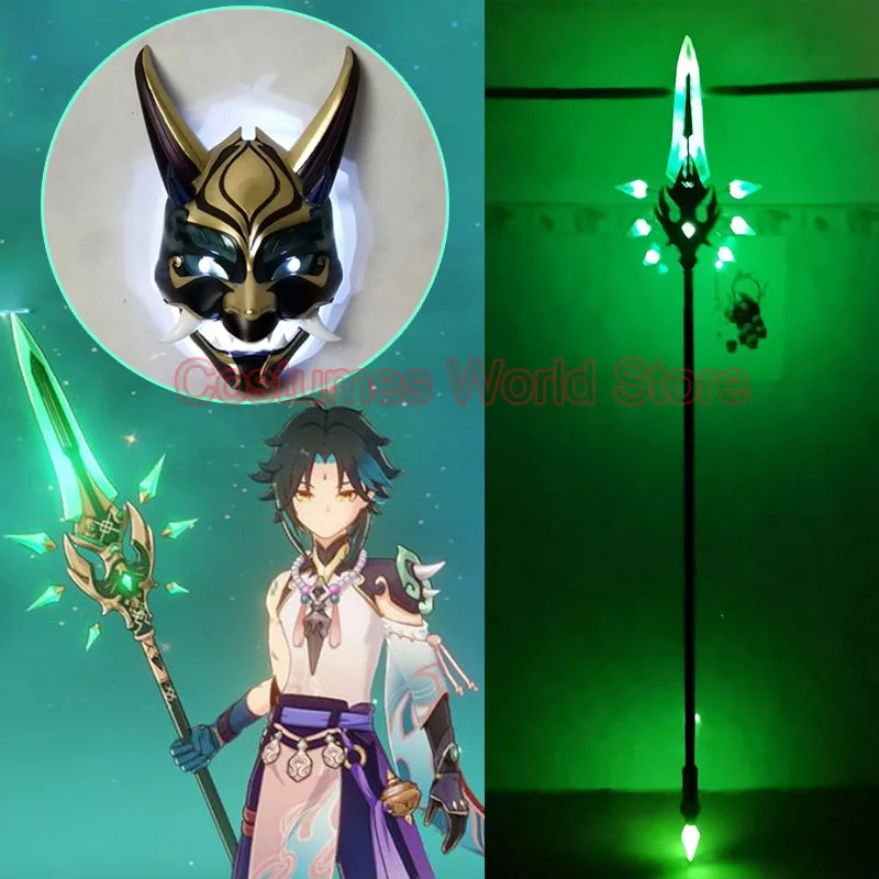 Gioco Genshin Impact Xiao lancia arma gioco Genshin Impact Xiao casco maschera Cosplay Led Light casco in PVC puntelli per feste di Halloween