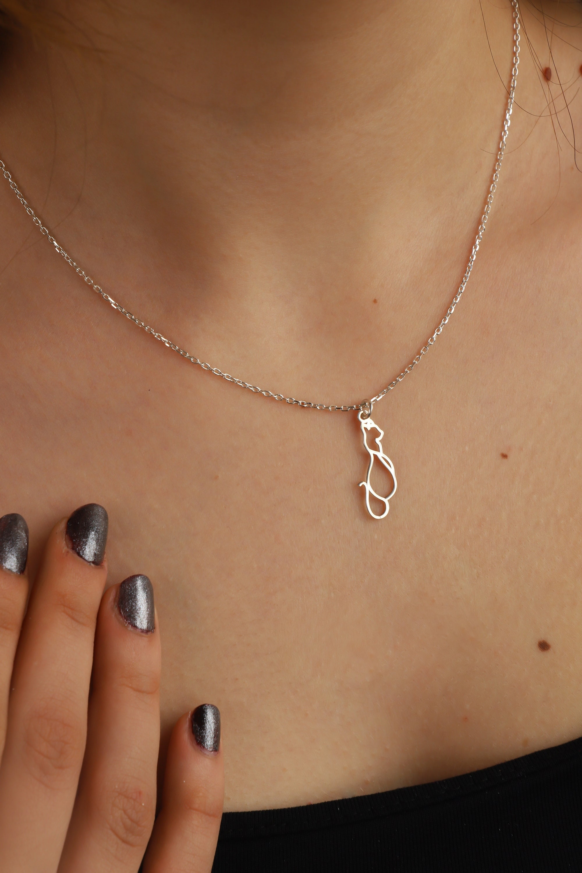 Sterling Silber Katze Halskette, süße Katze Halskette, zierliche Tier Schmuck, Line Art Katzen Anhänger, Katzenliebhaber Geschenk, Tier Halskette