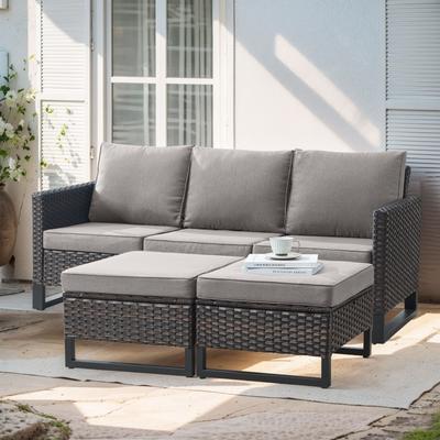 3 Pieces Outdoor Wicker Sofa with Ottomans Brown - Grey