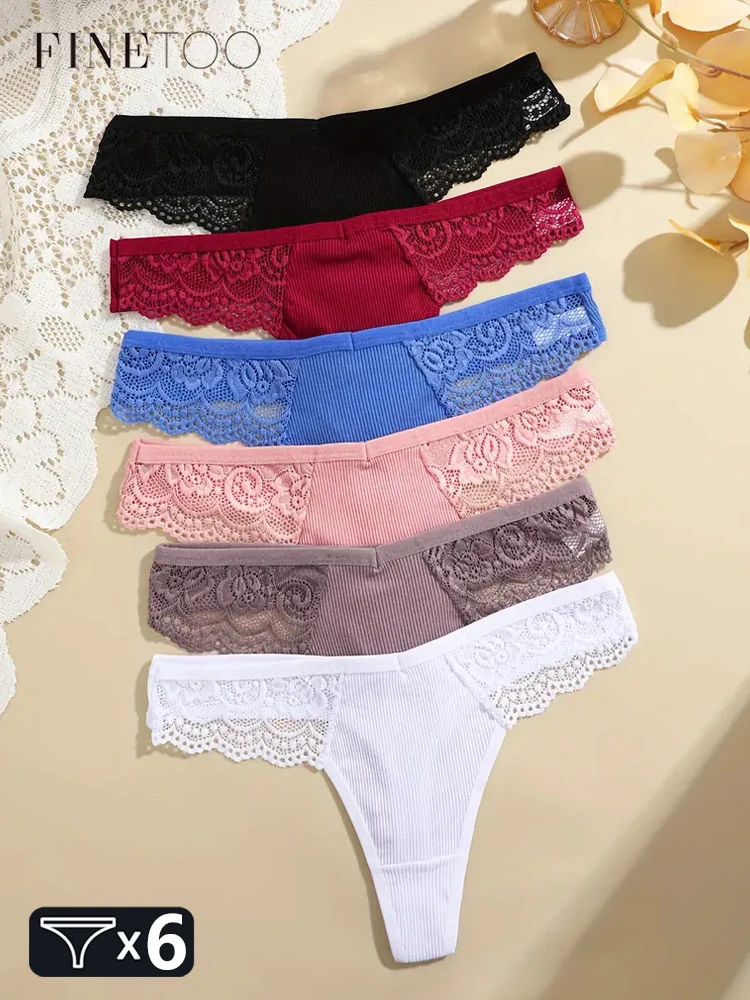 FINETOO 6 Stück Baumwoll-Spitzen-Unterwäsche für Damen, sexy einfarbiger G-String, niedrige Taille, aushöhlen, atmungsaktive Bikini-Dessous Image