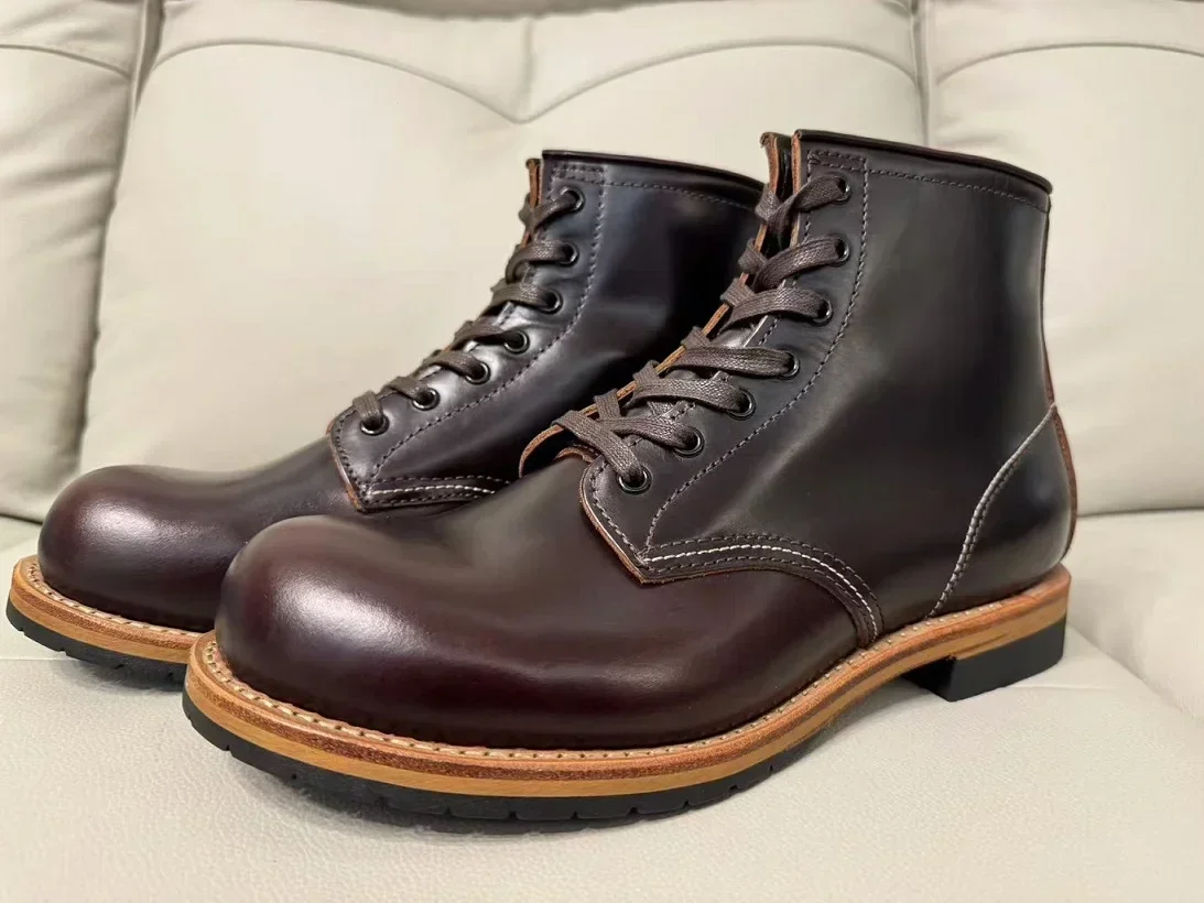 Hochwertige Herrenstiefel von Goodyear-welted, vollnarbiges Rindsleder, runde Zehen, Keilstiefeletten, Werkzeug-Motorradstiefel Image