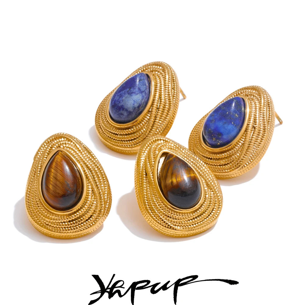 Yhpup Wassertropfen Naturstein Mode Geometrisch Täglich Ohrstecker Vintage Tiger Lapislazuli Charm Schmuck Gold Farbe PVD