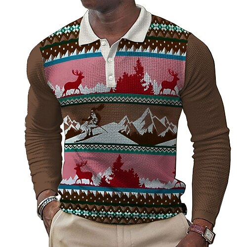 Homme Ski Cerf Chemises Polo Gaufre Chemise de golf manche longue Polos Chemises à Col ancien Occasionnel Extérieur Tenue Quotidienne Fête Boutons Impression 3D Printemps Automne Hiver Bleu Marron