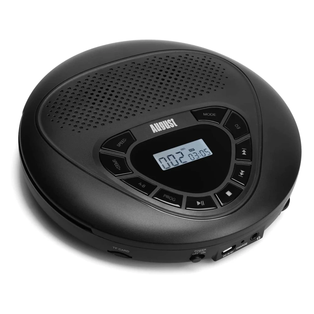 August SE10-Lecteur CD Portable Rechargeable avec Câble AUX et Carte TF, Reproduction de Musique HiFi pour Téléphone Sauna