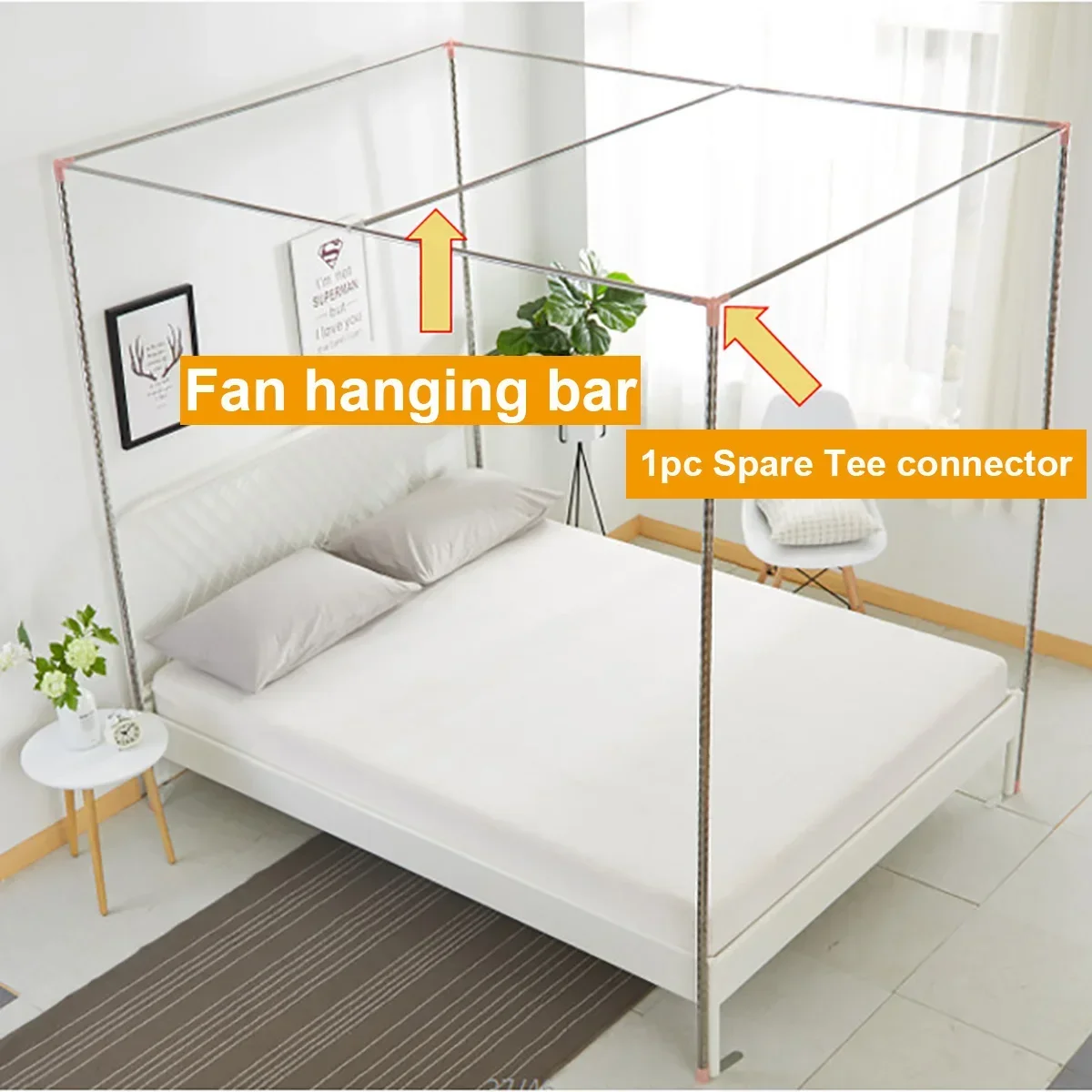 ohne Moskitonetz, Bettnetz aus Edelstahl, Ventilatorstange, Stützbett, Baldachin, Halterung, Moskitonetz, Rahmen für 16 mm 4 Eckbett