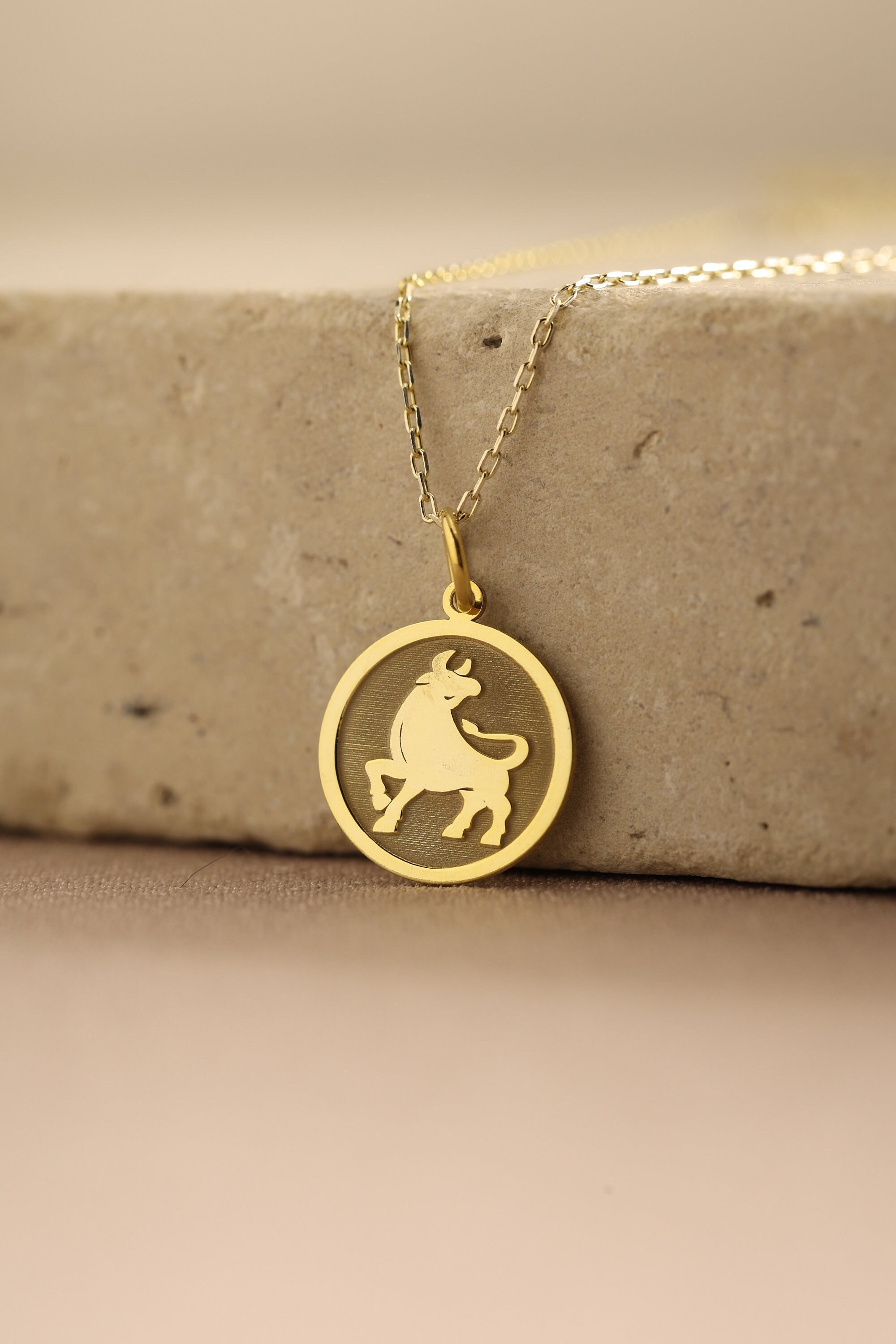 Collana con segno zodiacale del Toro in oro massiccio 14k, ciondolo con segno zodiacale del Toro, segno zodiacale in oro massiccio, ciondolo con segno
