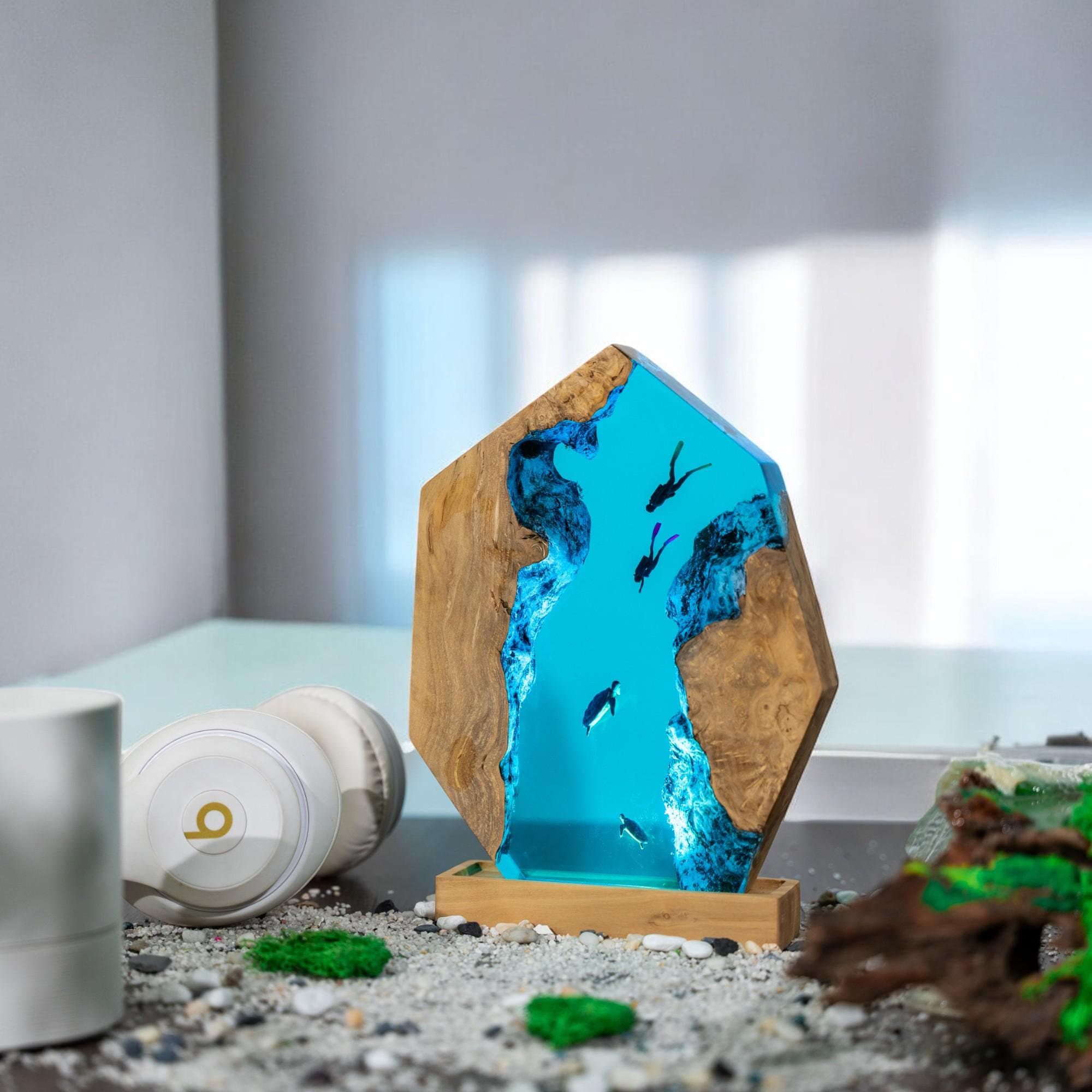 Luce notturna subacquea oceano, lampada tartaruga in resina, legno in resina epossidica, lampada epossidica in resina personalizzata, lampada oceano b