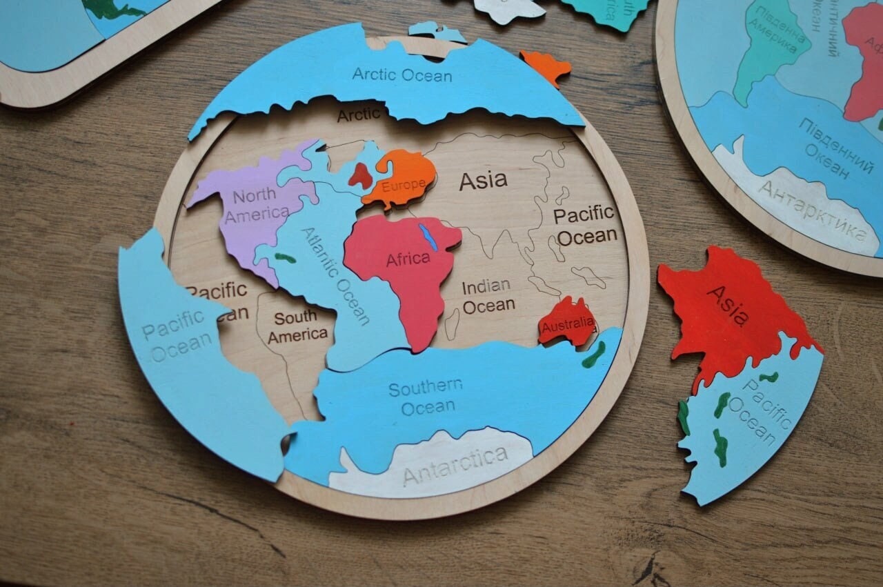 Puzzle in legno con mappa del mondo per bambini - Giocattolo educativo Montessori, regalo di geografia, giocattolo ecologico fatto a mano, decorazione