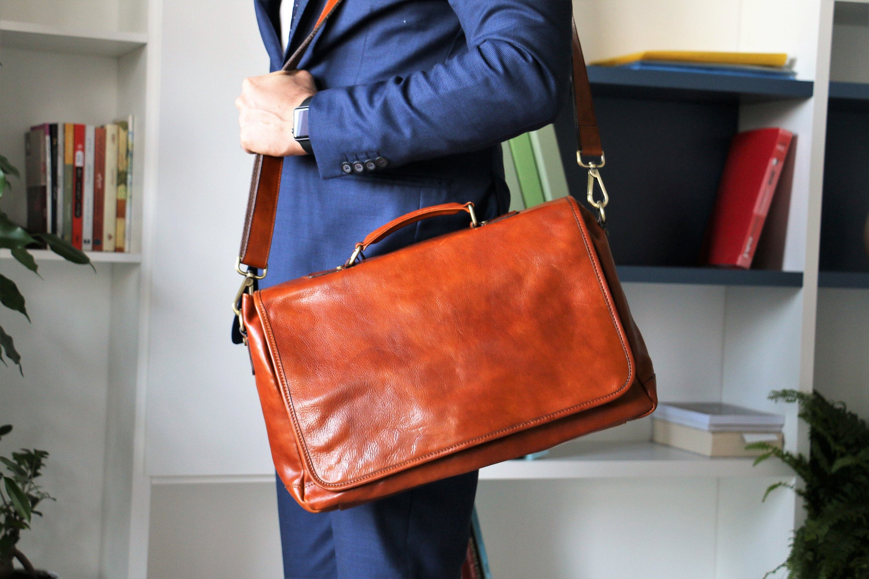 CONSEGNA IN 48 ORE, Borsa portadocumenti in pelle italiana realizzata a mano: Borsa per laptop in pelle marrone