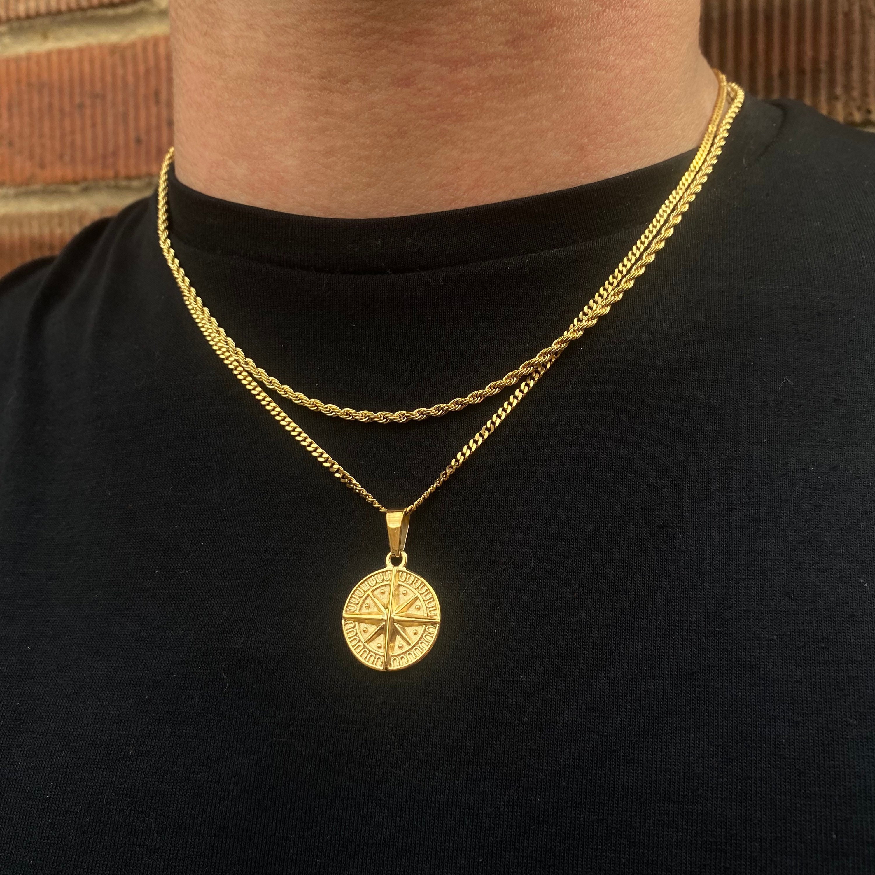 Mini collana in oro 18 carati, mini collana in oro con bussola per uomo, ciondolo a forma di stella polare, collana in oro da uomo - set regalo da uom