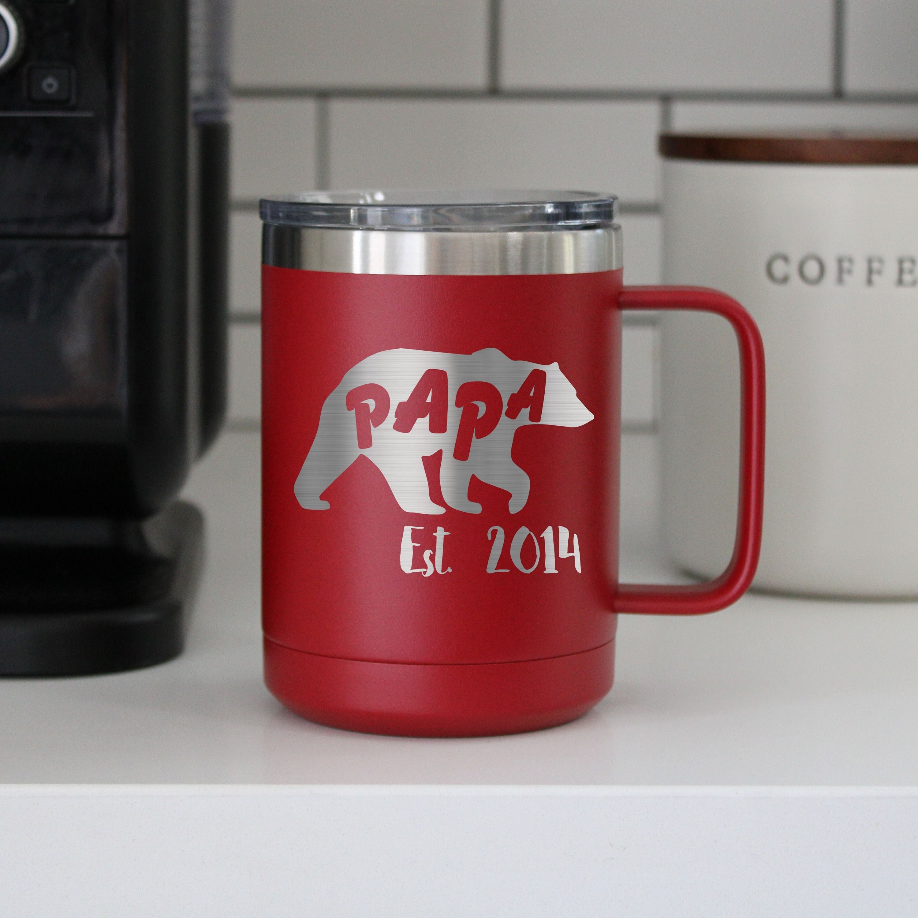 Tazza da caffè Papa Bear, tazza da caffè isolata in metallo, tazza da caffè da viaggio personalizzata, tazze da caffè, tazze, tazza da caffè in metall