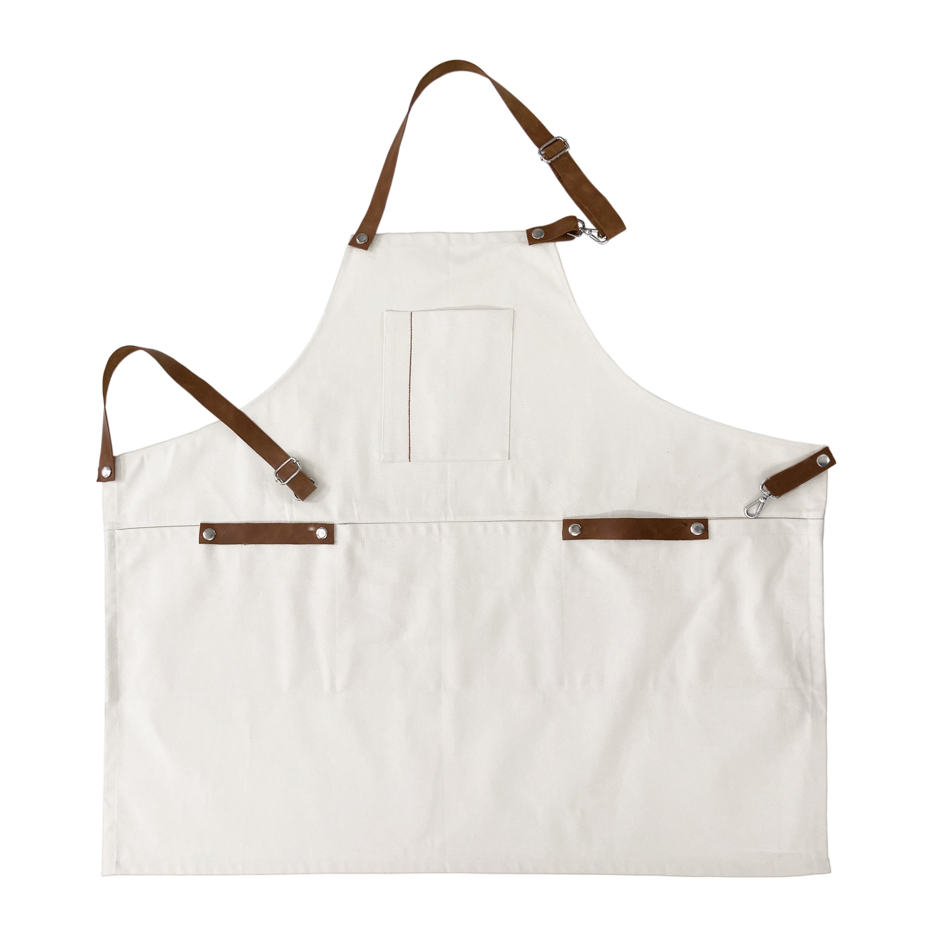 Grembiule in tela color avorio con lacci in vera pelle staccabili, grembiule per ristorante, grembiule da panetteria, grembiule da bar, grembiule da c