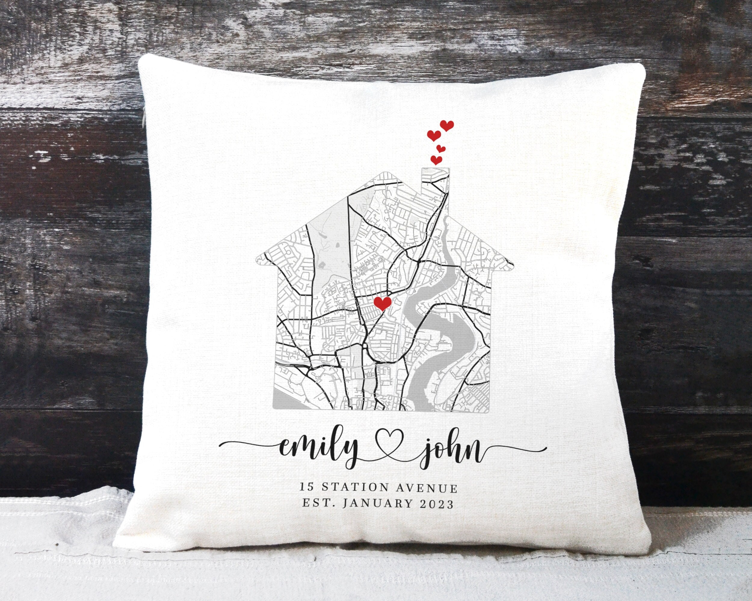 Cuscino personalizzato per la nuova casa, regalo per la prima casa, cuscino con mappa, regalo per la nuova casa, regalo di inaugurazione della casa pe