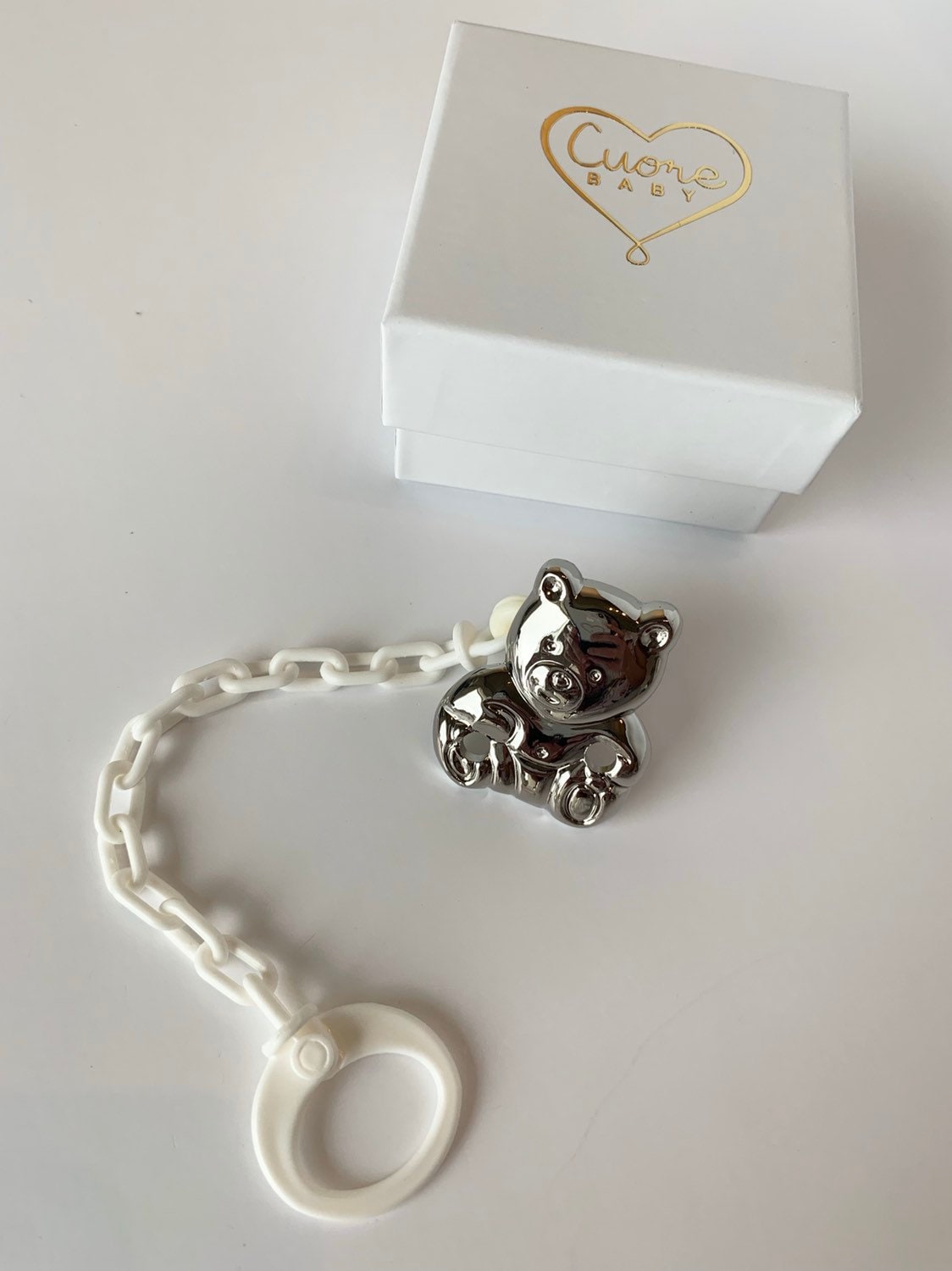Ferma ciuccio per neonati. Porta ciuccio in argento. Porta ciuccio per neonati. Accessorio di lusso per neonati. Regalo per neonati. Regalo per neonat