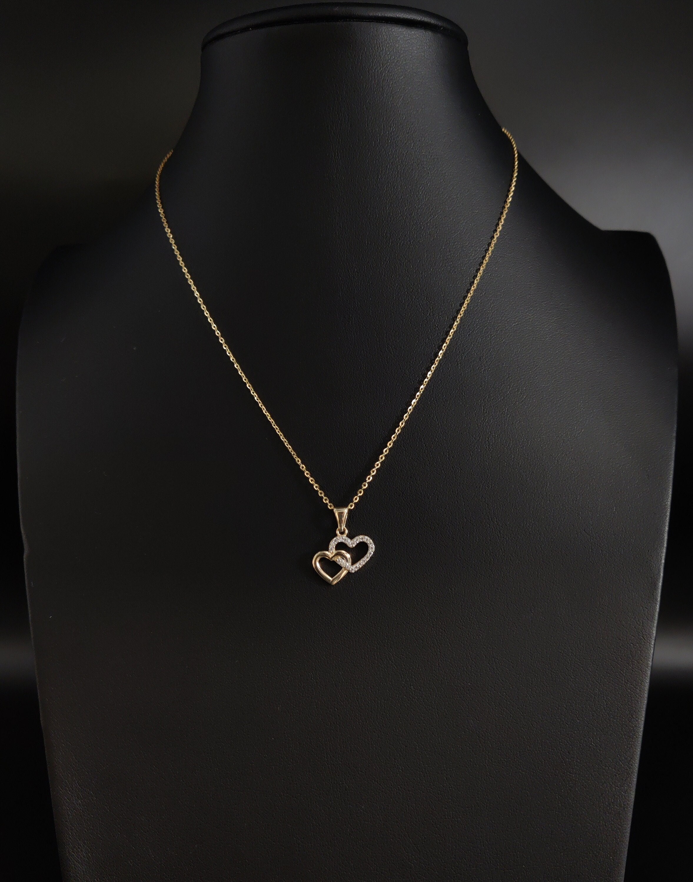 Collana con cuore in oro 14 carati, ciondolo a cuore in oro massiccio 14 carati, collana con catena a maglia fine da 1 mm in oro 14 carati, ciondolo a